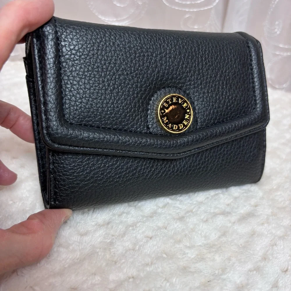 Steve Madden Faux Black Leather Tri-fold Wallet